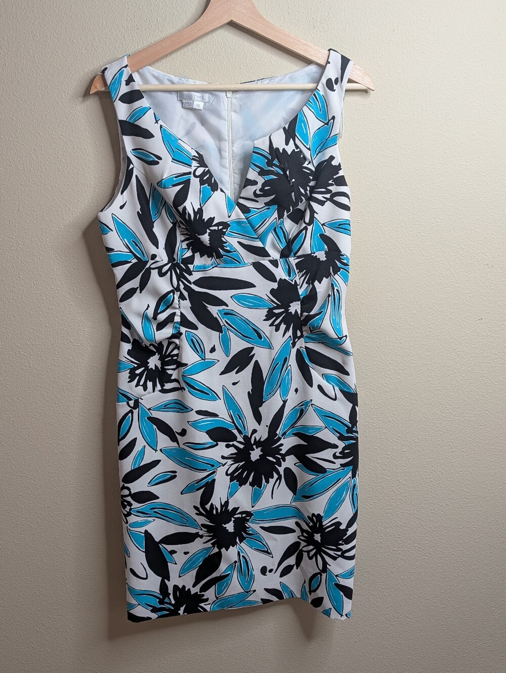London Times Floral Sheath Dress Size 12 White‎ Teal Black Sleeveless V-Neck